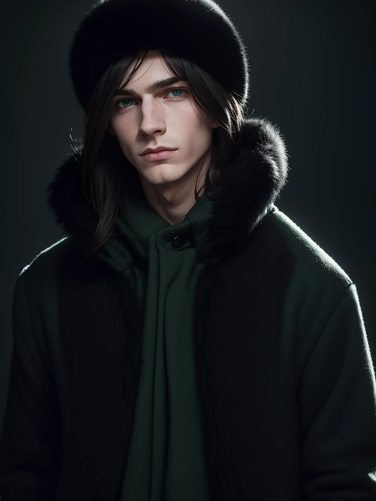 (best quality), 1boy, male, pale skin, black hair, medium hair, curtain hair, tousled hair, green eyes, perfect eyes, dark circles under eyes, handsome, strong jawline, lazy, light smile, attractive, sleepy, ushanka hat, winter coat, masterpiece, anatomically correct, highres
