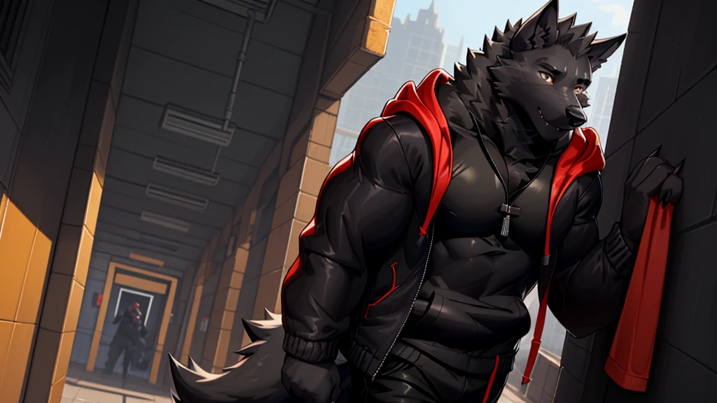 Black Wolf , alone, looking at the audience, shirt, 1 boy, jacket, male focus, open clothes, hood, black shirt, hoodie, muscular, chest muscles, muscular male, only, hooded jacket, sharp nails, normal school corridor as a background, day, sunny, black fur, school, student 