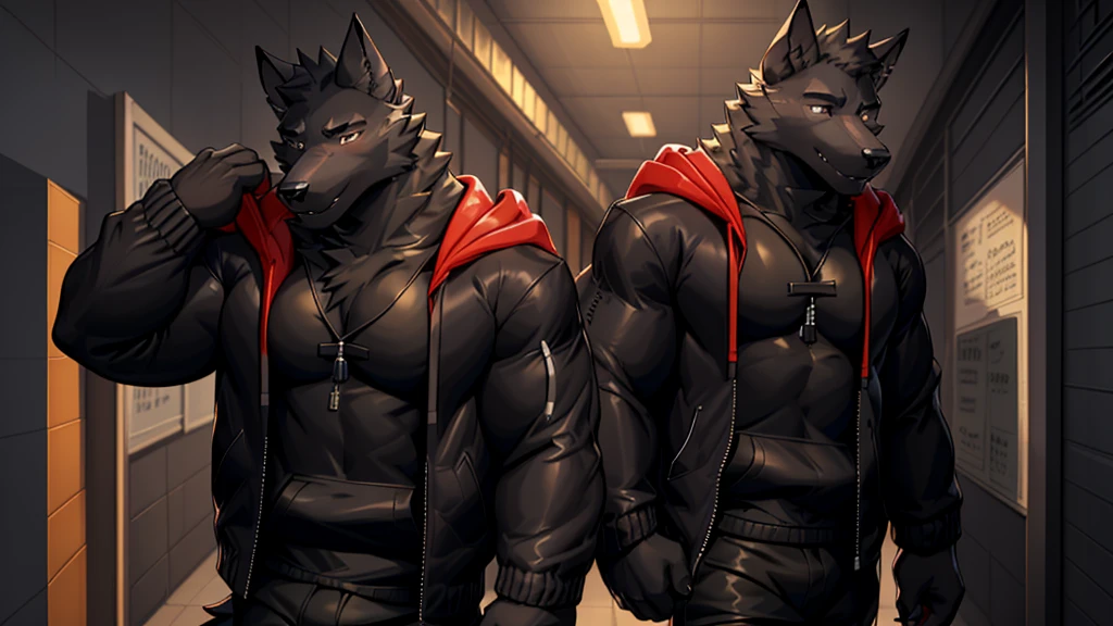 Black Wolf , alone, looking at the audience, shirt, 1 boy, jacket, male focus, open clothes, hood, black shirt, hoodie, muscular, chest muscles, muscular male, only, hooded jacket, sharp nails, normal school corridor as a background, day, sunny, black fur, school, student 