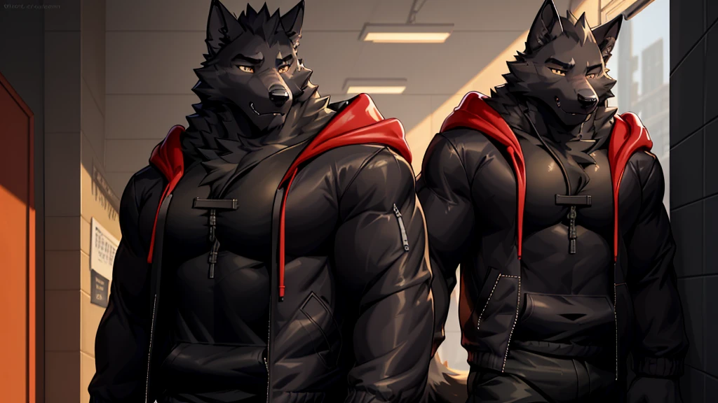 Black Wolf , alone, looking at the audience, shirt, 1 boy, jacket, male focus, open clothes, hood, black shirt, hoodie, muscular, chest muscles, muscular male, only, hooded jacket, sharp nails, normal school corridor as a background, day, sunny, black fur, school, student 