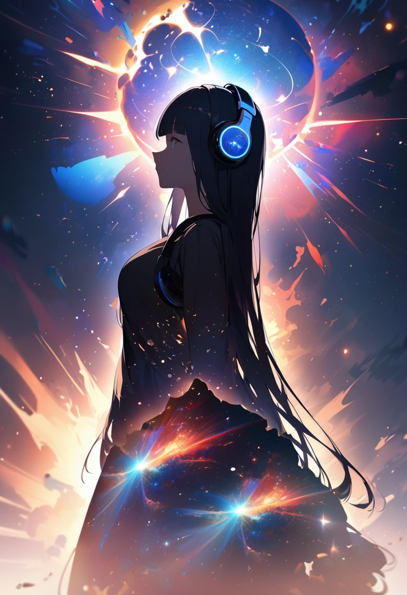 Profile of a woman silhouette.(Long Hair:1.3), Blunt bangs,  (Headphones:1.3), Inside the silhouette you can see the Double exposure with a universe, Deep Universe, Supernova explosion, masterpiece, ((Double exposure)), Proportional.,Double exposure

