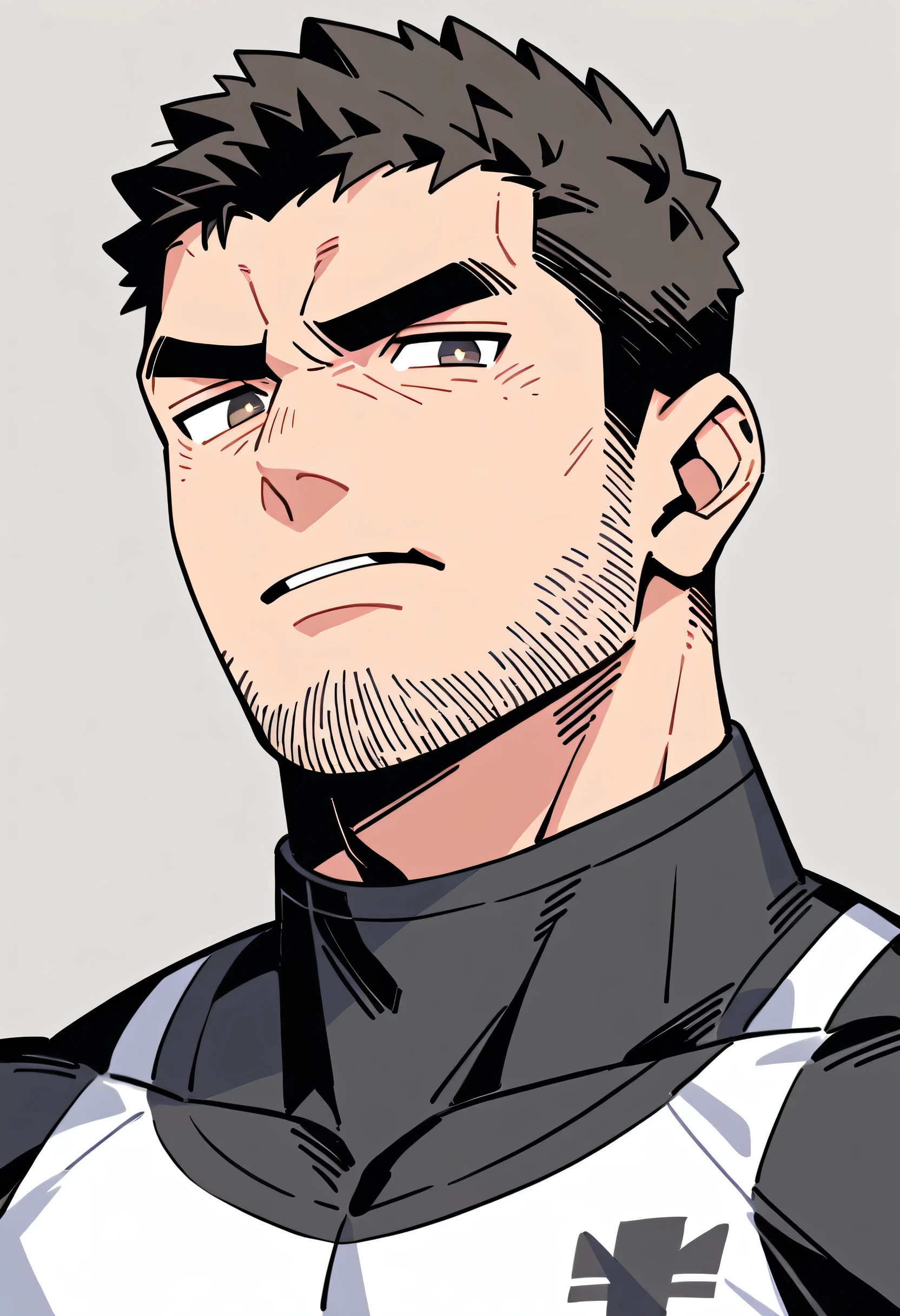 anime characters:Chris Redfield, Muscle Sports Student, Buzz Cut, Manliness, male focus, Dark black Yellow high collar long sleeve tight T-shirt, Very tight, full and perky chest muscles, muscular male, muscular, only, Upper body, alone, Black short hair, Thick eyebrows, stubble, Brown-red pupils, Grey background, simple background, amazing quality, best aesthetics, Ridiculous, parted lips, v-shaped eyebrows, scowl, disdain, best quality