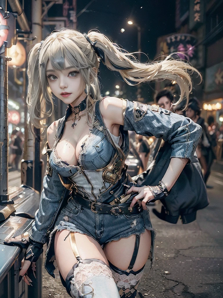 (Full Body View:1.2)、(Full body:1.3)、(Smiling with teeth showing:1.3),(Shibuya Gal:1.5)、(Beautiful:1.4)、(gothic  fashion:1.5)、(Punk RockVisual Kei:1.3)、(Futuristic baby doll in black, white and denim:1.5)、(A delicate beige and navy jacket:1.5)、(Denim garter belt:1.5)、(Denim and black and white bodysuit:1.4)、(Heart-shaped silver accessories:1.5)、(Brown Skin Belt:1.4)、(Blue High Heels:1.4)、(Lace patterned underwear:1.4)、28 years old、NSFW,((Highest quality、In 8K、masterpiece:1.3))、Sharp focus:1.2、(Layered Cut、Beautiful boobs:1.1),Beautiful woman with perfect figure:1.4、(Doing an aerobics pose:1.3)、Slender Abs:1.2、Butt、Highly detailed face and skin texture、Detailed eyes、double eyelid,(Twin tails:1.3)、(Light gold colored hair:1.3)、Obscene、Gravure idol、(Luxurious amusement park at night:1.3)、(Make your legs thinner:1.4)、(Thin thighs:1.4)、(Slim body:1.3)、(clavicle:1.1)