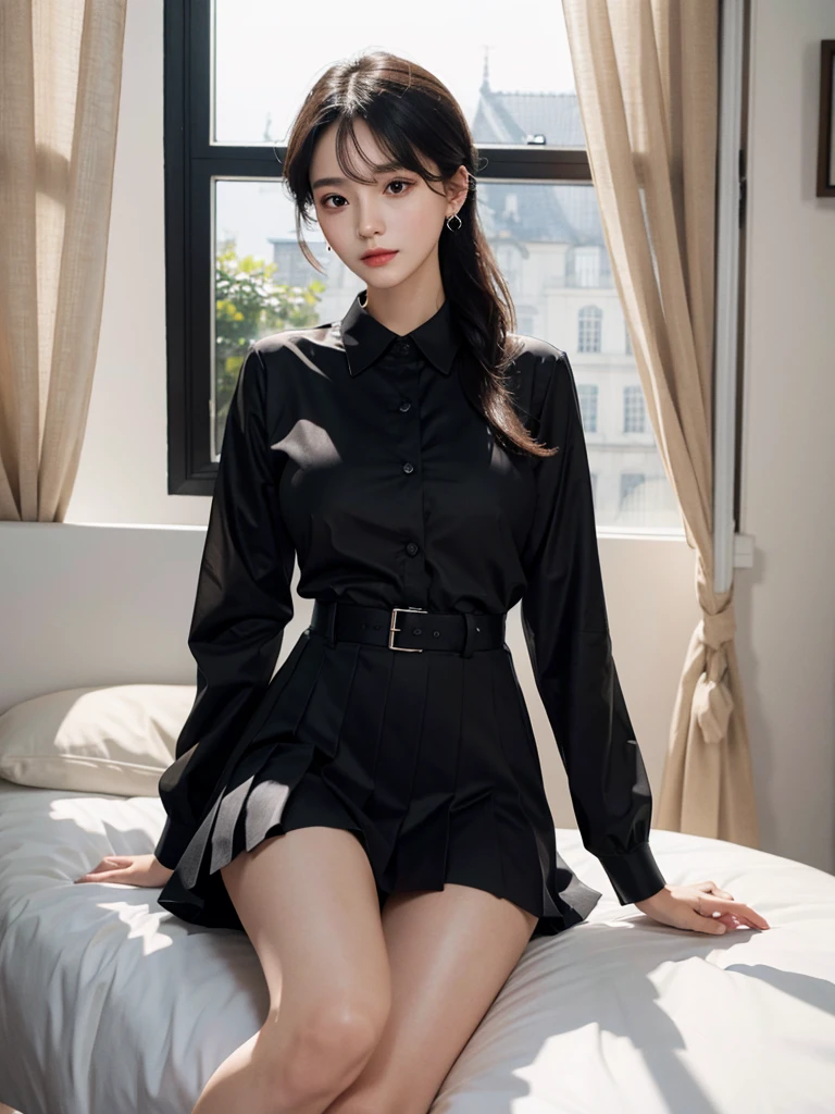 absurdres, RAW photo, extremely delicate and beautiful, masterpiece, Best Quality, ultra high resolution, 32k, hyperrealistic, ultra-detailed, perfect anatomy, super Detailed skin, Super Beauty, perfect figure, Perfect Style, Perfect balance, in her 20s, very small head, very small face, delicate facial features, tearful mole, earring, very huge breasts, bare legs, full body shot, medium hair, black hair, school_uniform,
