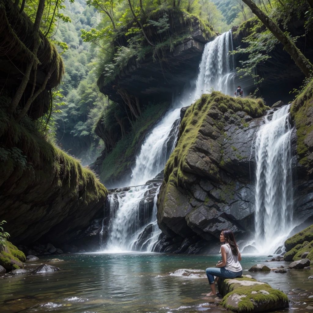 Latin woman in mountainous region looking at waterfall
