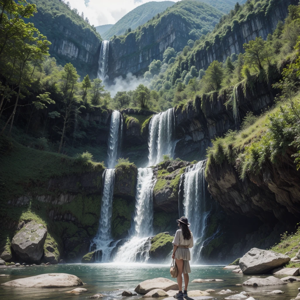 Latin woman in mountainous region looking at waterfall