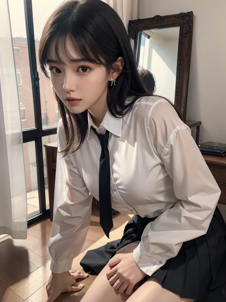 absurdres, RAW photo, extremely delicate and beautiful, masterpiece, Best Quality, ultra high resolution, 32k, hyperrealistic, ultra-detailed, perfect anatomy, super Detailed skin, Super Beauty, perfect figure, Perfect Style, Perfect balance, in her 20s, very small head, very small face, delicate facial features, tearful mole, earring, very huge breasts, bare legs, full body shot, medium hair, black hair, school_uniform,