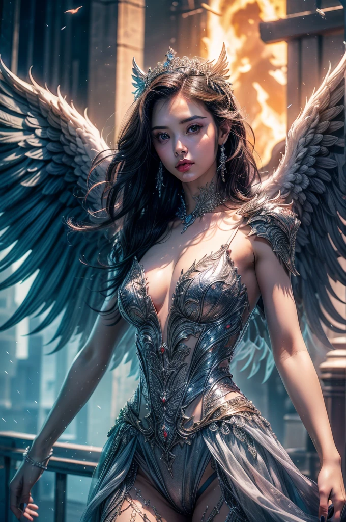 engine unreal:1.4,uhd,best qualityer:1.4, photorrealistic:1.4, texture skin:1.4, masterpiece:1.8,(((fully body))) ANGELICAL WONDER, BORN OF LIGHT, WINGED ANGELS::, SKY SENT, masterpiece, highy detailed, photorrealistic, high resolution, spectral form, film noir lighting, surreal photorealism, Solid details,(Apocalyptic City of Fire ),fire:1.4, photo of anjo, wings pretas, wings abertas, mulher com wings, foto de mulher vom wings, angelical, heavenly, angel woman, mulher com wings, wings, wings prateadas, elsword, silver armor