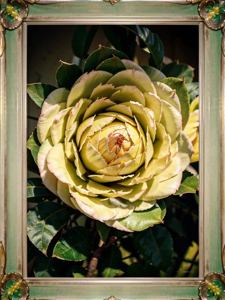 picture of frame and in the frame of photo 'camelia flower', ((two background colour with pastel colour 'green and yellow')), hyper realistic, realistic photography, amazing details, high resolution