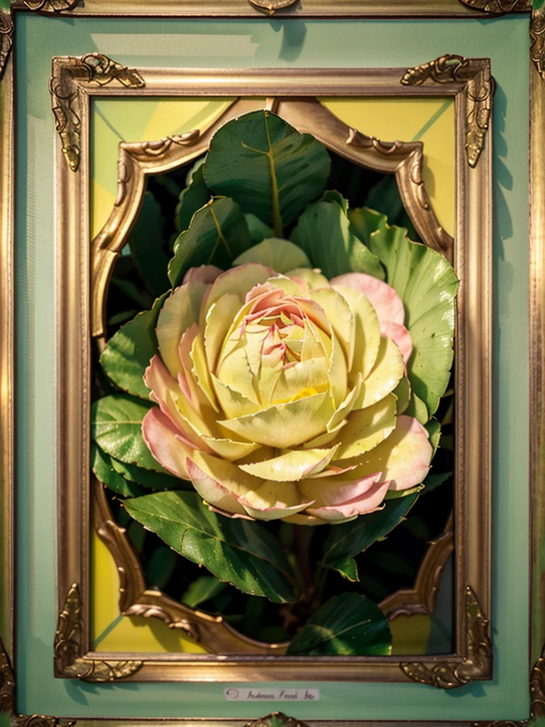 picture of frame and in the frame of photo 'camelia flower', ((two background colour with pastel colour 'green and yellow')), hyper realistic, realistic photography, amazing details, high resolution