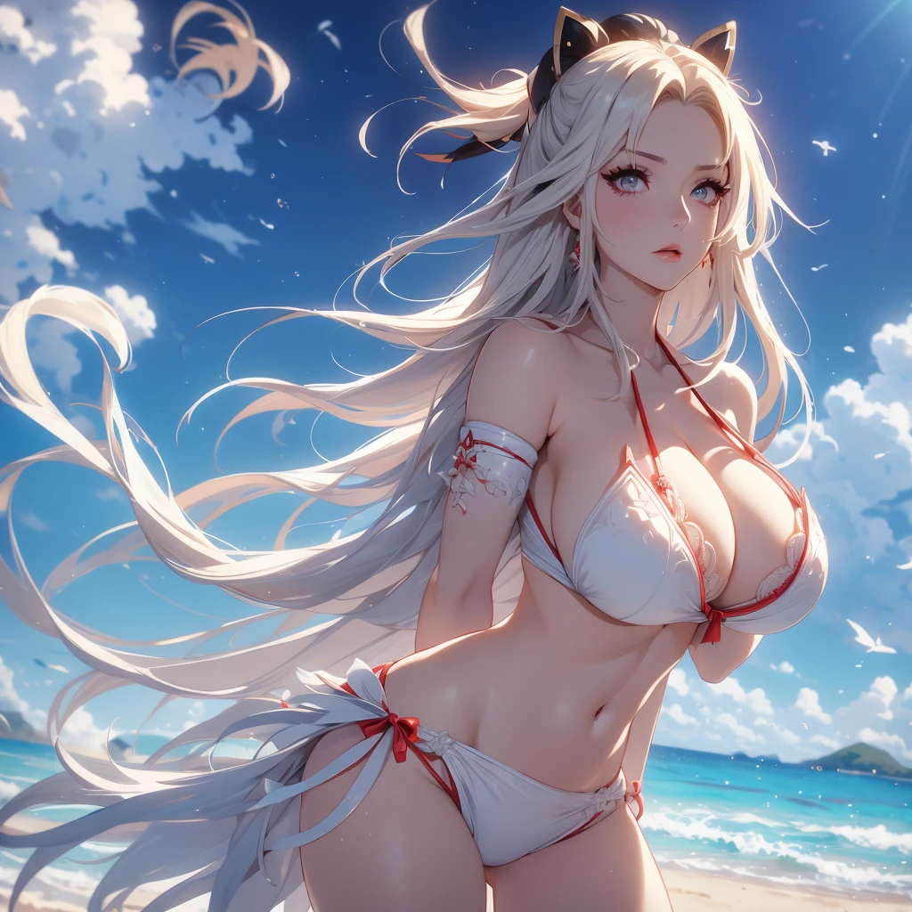 Tsunade de Naruto, nue (huge tits), cheveux blancs, Haut du corps, abdos, symmetrical round breasts, deserted beach, gros seins, gigantesque seins, 4K ultra UHD, mains parfaites, cing doigts, yeux parfaits, bikini dentelle rouge