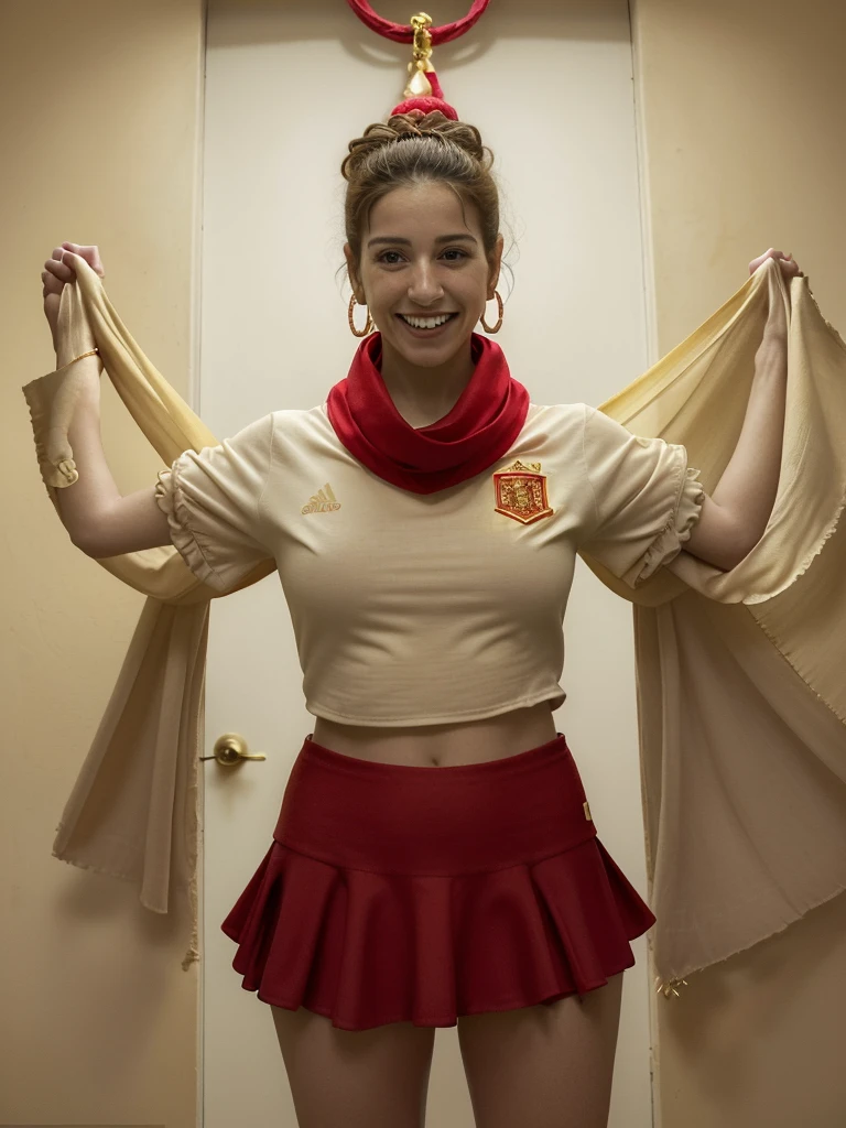 
#### Image 1 - **person**: young woman, short dark hair, seeds.
- **Clothes**: Red t-shirt of the Spanish soccer team, white skirt with ruffles, gold earrings.
- **accessories**: Red scarf with text "Spain" in yellow.
- **position**: standing, smiling, raising the scarf with both hands above his head.
- **bottom**: Dark door and a beige wall.
