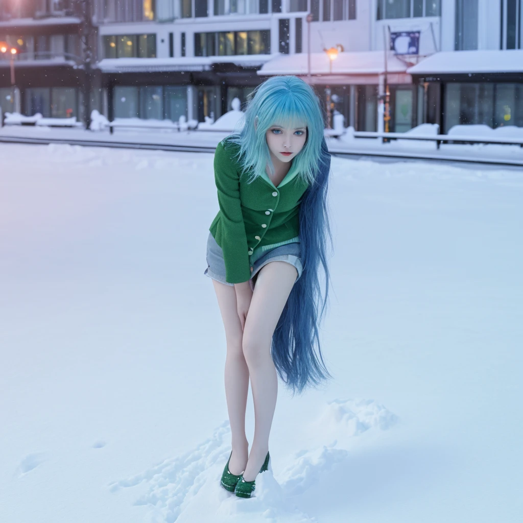 best quality,Ultra high resolution,1 girl,alone,full body,snow,city,, blue hair,green eyes,JK,,3d