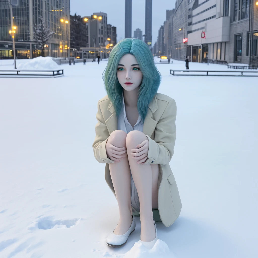 best quality,Ultra high resolution,1 girl,alone,full body,snow,city,, blue hair,green eyes,JK,,3d