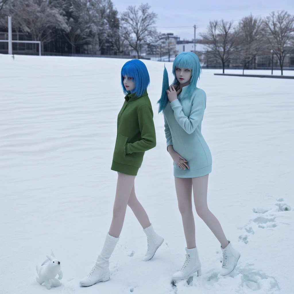 best quality,Ultra high resolution,1 girl,alone,full body,snow,city,, blue hair,green eyes,JK,,3d