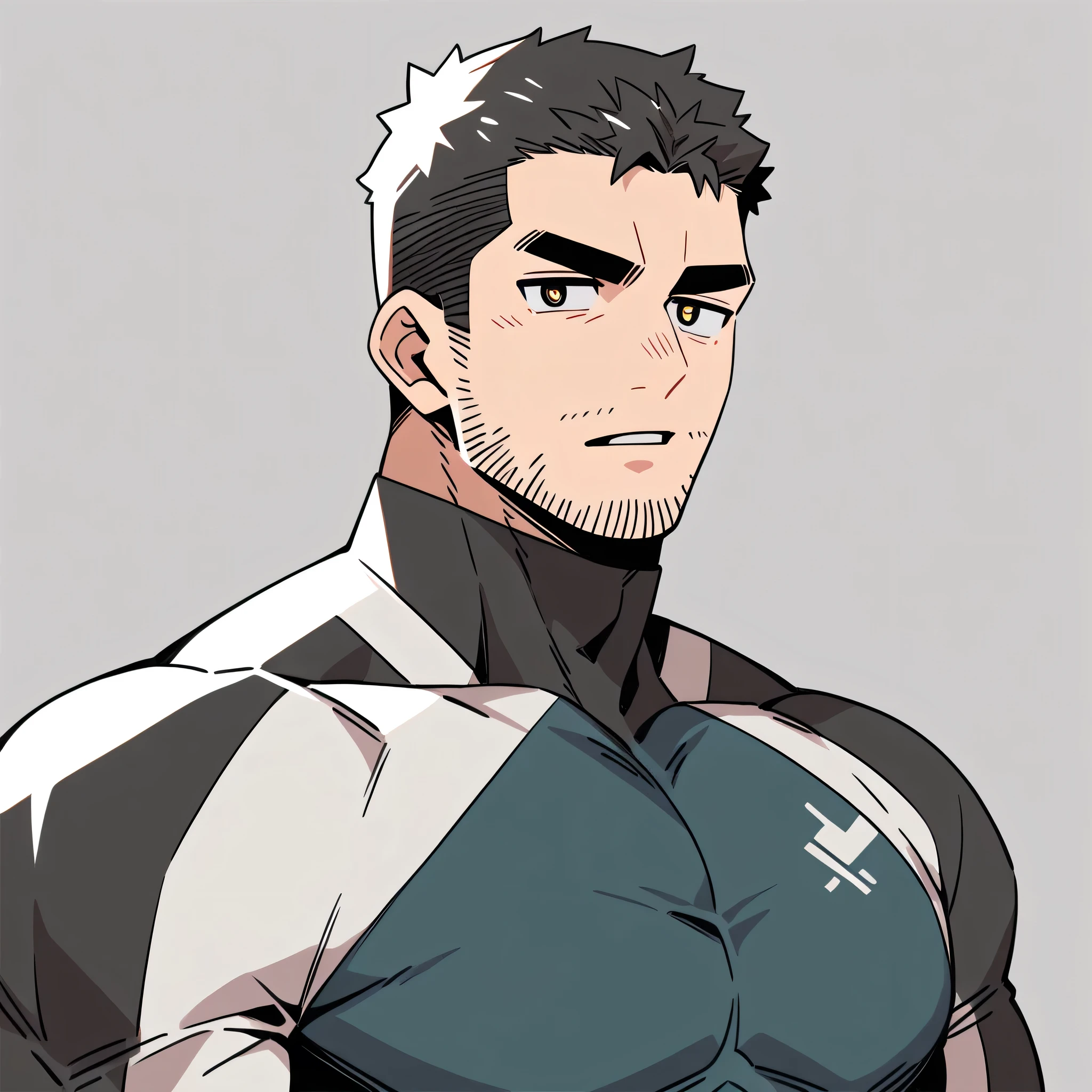 anime characters:Chris Redfield, Muscle Sports Student, Buzz Cut, Manliness, male focus, Dark black Yellow high collar long sleeve tight T-shirt, Very tight, full and perky chest muscles, muscular male, muscular, only, Upper body, alone, Black short hair, Thick eyebrows, stubble, Brown-red pupils, Grey background, simple background, amazing quality, best aesthetics, Ridiculous, parted lips, v-shaped eyebrows, jitome, best quality