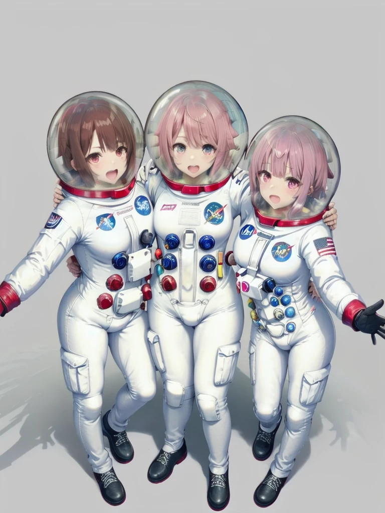 eva helm, spacesuit , astronaut), from above, pink hair, bubble helmet, space helmet,wearing a (spacesuit:1.15), white cargo pants, hovering, flying, moon surface, earth, floating pose, happy, smilebeautiful 8k wallpaper, highly advanced, (sleek design:1.3), intricate, highres, superb, 8k wallpaper, extremely detailed, intricate,(3girl:1.5), (three girl:1.5),,, intricate, approaching the viewer, looking at the viewer, pov, reaching out viewer, necklace, nail polish, looking at viewer, yuritamashi style, selfie, bubble helmet, space helmet,