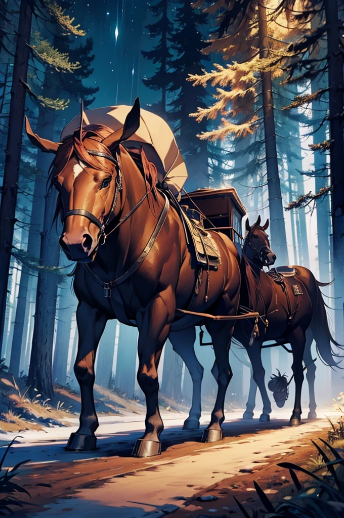 Carriage at night in the forest
