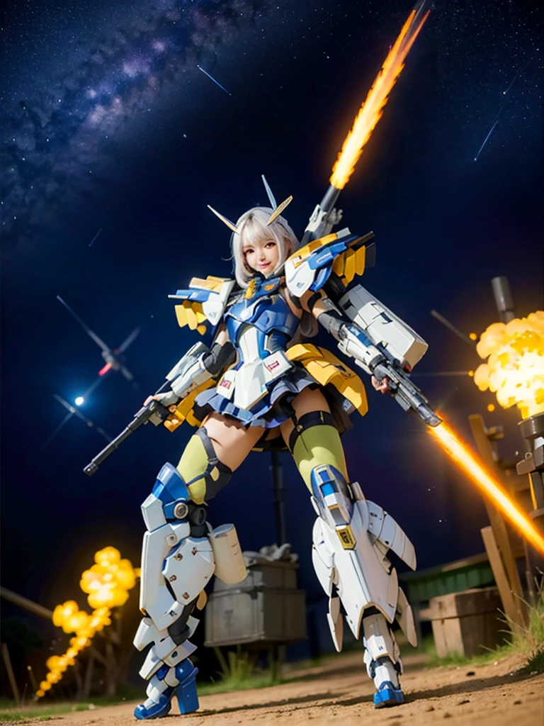 masterpiece,top-quality,Ultra-detail,very detailed illustration,ighly detailed,intricate-detail,hight resolution,super complex details,Highly detailed 8k CG wallpapers, mecha musume, machine components, Robot Joint, head gear, 1girl in,solo, mecha musume, red blush,is standing,cowboy shot, starryskybackground, Background with, Shining black metallic armor、Symmetrical Full Armor、Symmetrical mechanical wing、Funnel mounting、highleg, A smile,Being in the air、are flying、Holding a beam rifle and firing in flight、Sniping with a beam rifle in flight、