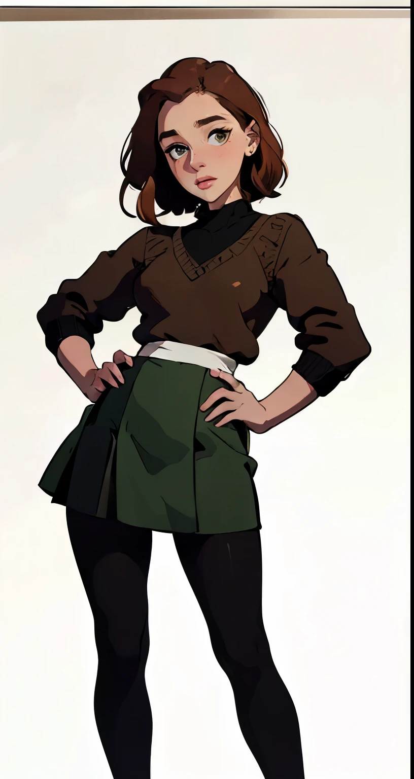 masterpiece, best quality, full body,1girl,the highest image quality, 30-year-old mature woman, looks like Emilia Clarke with brown skin, red hair, short brown hair, light brown eyes, large green sweater and black skirt and black leggings, White background, empty background whole body , standing normally, happy expression
