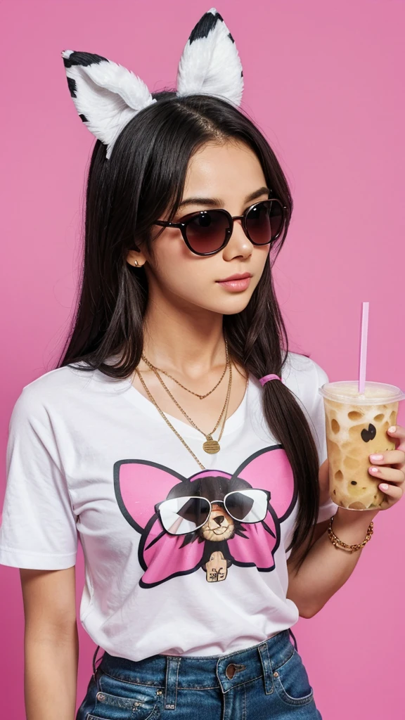 sunglasses, english_text, bubble_tea, 1boy, drinking_straw, furry_male, solo, emoji, male_focus, shirt, cup, necklace, furry, fake_screenshot, pink_background, jewelry, meme, phone_screen, holding, logo_parody, drink, holding_cup, t-shirt, animal_ears, upper_body, drinking