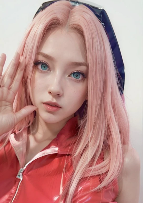 young woman, long pink hair, wide forehead, porcelain skin, pink eyebrows, big emerald green eyes, buttoned nose, thick lips, heart-shaped face, slender body, small breasts, pink leather dress, Sakura Haruno, realistic, realism black details 3d

