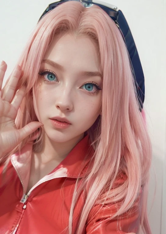 young woman, long pink hair, wide forehead, porcelain skin, pink eyebrows, big emerald green eyes, buttoned nose, thick lips, heart-shaped face, slender body, small breasts, pink leather dress, Sakura Haruno, realistic, realism black details 3d