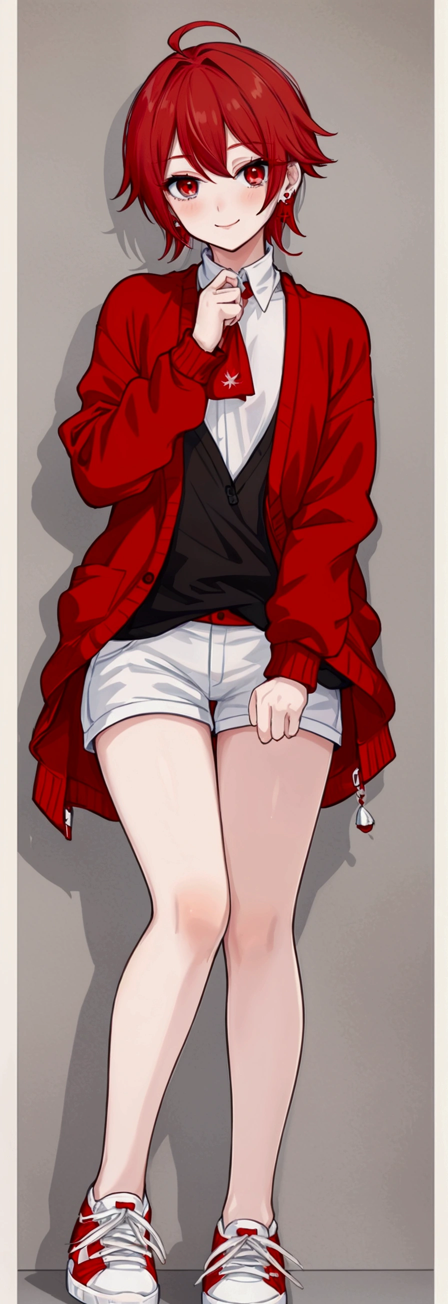 boy, 短い明るいRed hair, Grey Eyes, Expressive eyes, White skin, A kind smile,Beautiful Hands,Earrings、1人のboy、Red eyes、Red hair、Medium Hair、、cardigan、hot pants、Highest quality、cute、whole body、sneakers