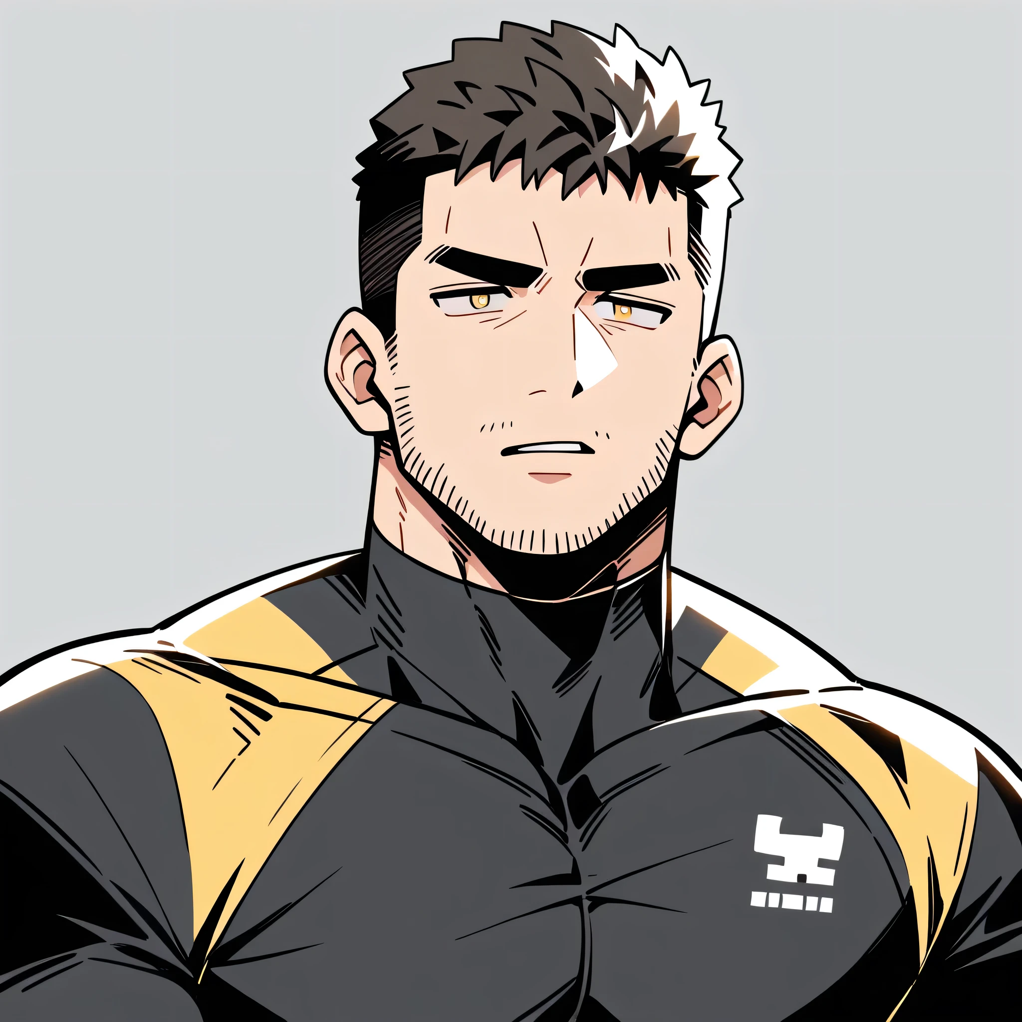 anime characters:Chris Redfield, Muscle Sports Student, Buzz Cut, Manliness, male focus, Dark black Yellow high collar long sleeve tight T-shirt, Very tight, full and perky chest muscles, muscular male, muscular, only, Upper body, alone, Black short hair, Thick eyebrows, stubble, Brown-red pupils, Grey background, simple background, amazing quality, best aesthetics, Ridiculous, parted lips, v-shaped eyebrows, jitome, best quality