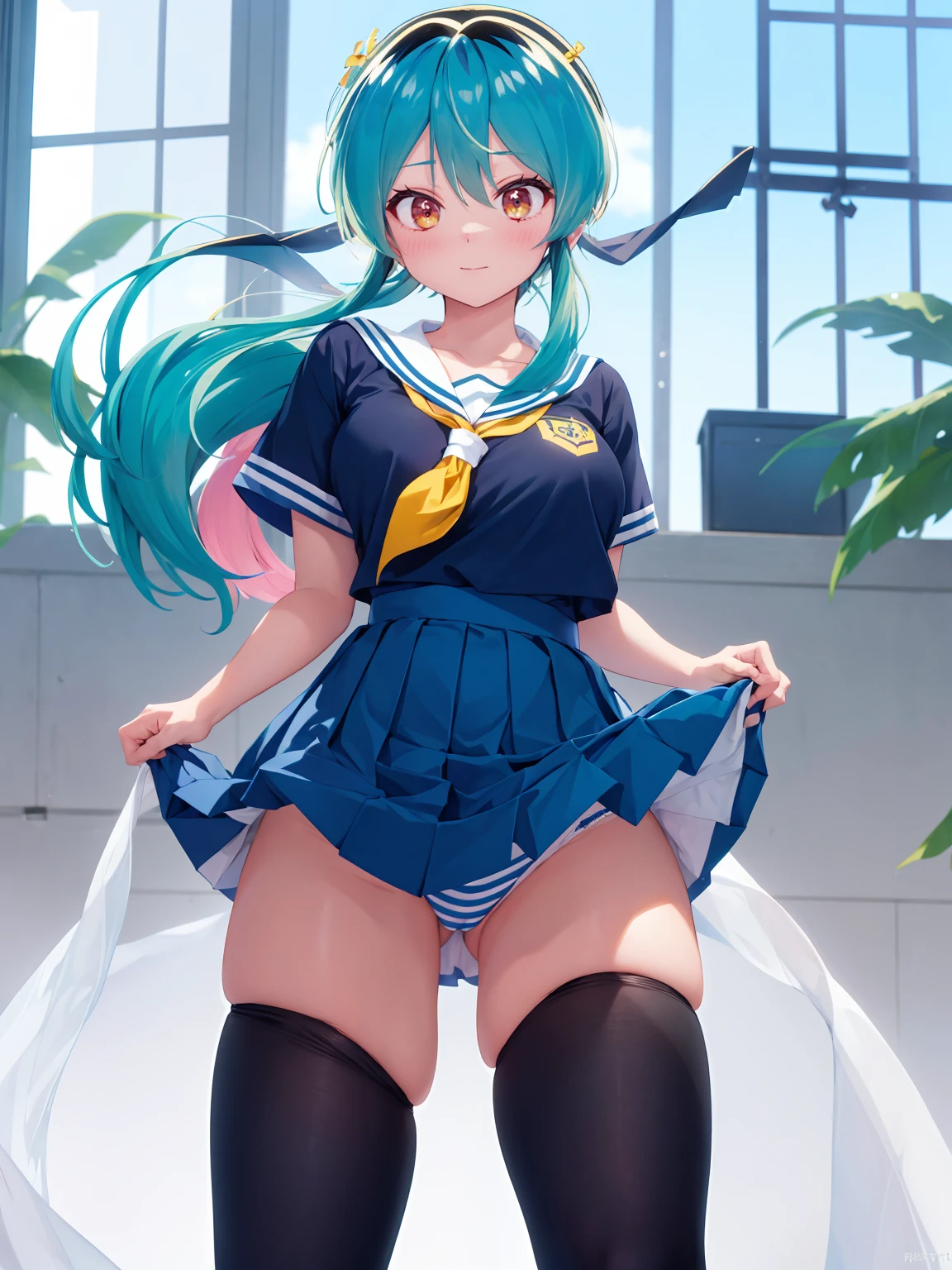(1 Girl),(high quality), (High resolution), (Very detailed), (8K),(Demolition paperback correct)、Urusei Yatsura、Ram-chan、((White and navy blue sailor suit))、Navy blue pleated skirt、Cute Panties、((Focus on the whole body))、Nipple Shape、((Black knee-high stockings))、Hair messed up by the strong wind、Neutral White Lighting,Sexy pose、