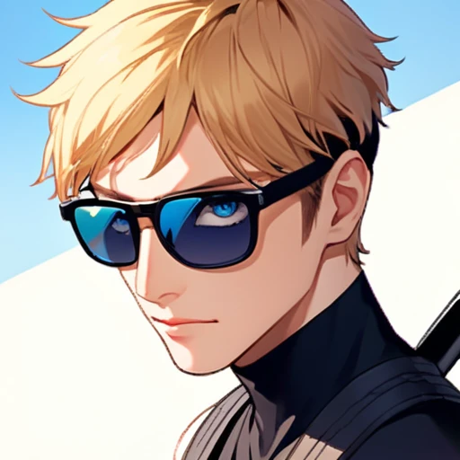 blue eyes, Short cherry blonde hair, male,Ninja,sunglasses,