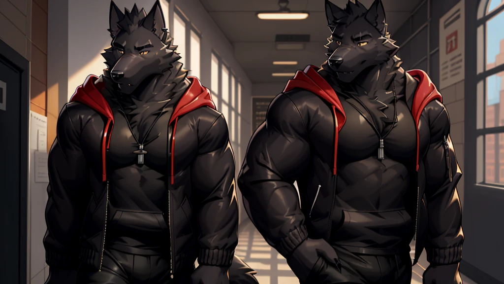 Black Wolf , alone, looking at the audience, shirt, 1 boy, jacket, male focus, open clothes, hood, black shirt, hoodie, muscular, chest muscles, muscular male, only, hooded jacket, sharp nails, normal school corridor as a background, day, sunny, black fur, school, student, alone 