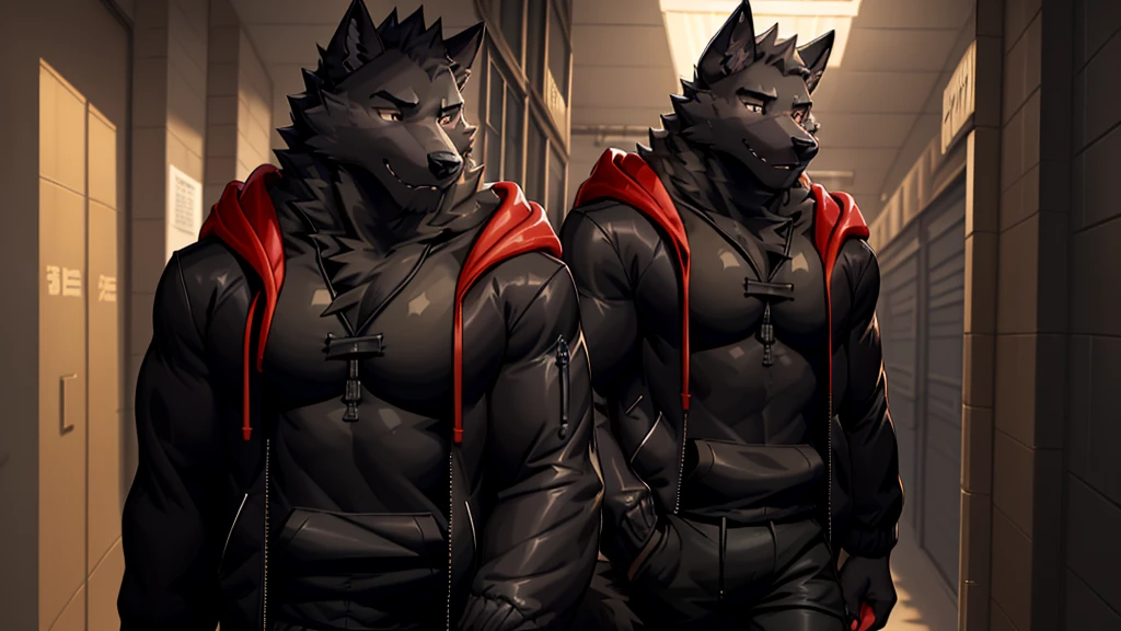 Black Wolf , alone, looking at the audience, shirt, 1 boy, jacket, male focus, open clothes, hood, black shirt, hoodie, muscular, chest muscles, muscular male, only, hooded jacket, sharp nails, normal school corridor as a background, day, sunny, black fur, school, student, alone 