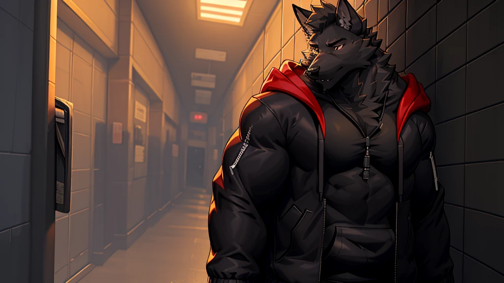 Black Wolf , alone, looking at the audience, shirt, 1 boy, jacket, male focus, open clothes, hood, black shirt, hoodie, muscular, chest muscles, muscular male, only, hooded jacket, sharp nails, normal school corridor as a background, day, sunny, black fur, school, student, alone 