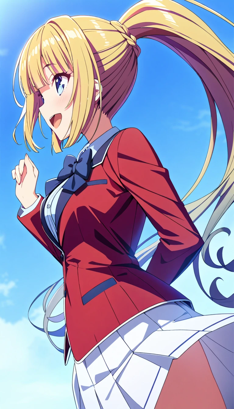 masterpiece, best quality, highres, ponytail hair, (single braid:1.2), hair ribbon, red blazer,buttoned blazer, blue bowtie, white skirt,smile,open mouth,flying ,from side,background the blue sky, 