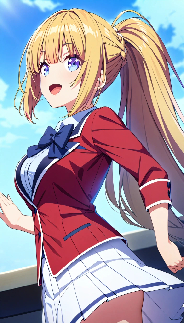 masterpiece, best quality, highres, ponytail hair, (single braid:1.2), hair ribbon, red blazer,buttoned blazer, blue bowtie, white skirt,smile,open mouth,flying ,from side,background the blue sky, 