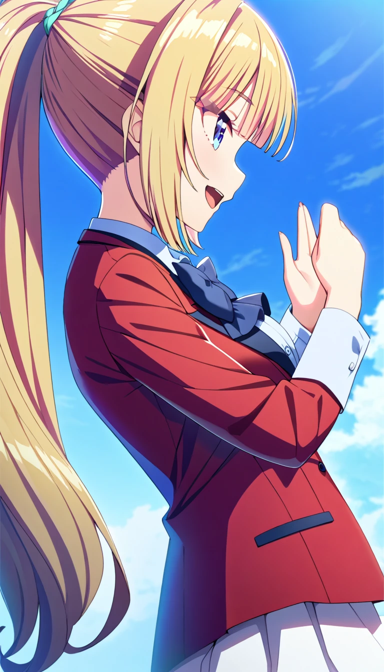 masterpiece, best quality, highres, ponytail hair, (single braid:1.2), hair ribbon, red blazer,buttoned blazer, blue bowtie, white skirt,smile,open mouth,flying ,from side,background the blue sky, 