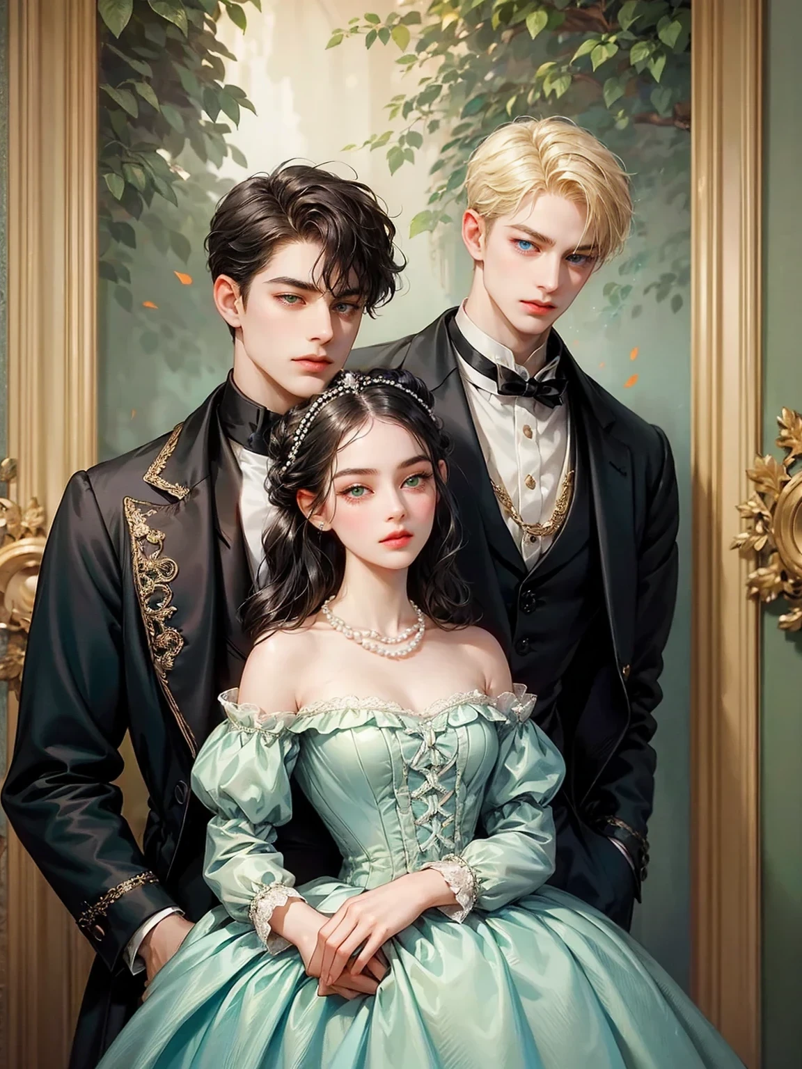 The boy has short blonde hair, sky blue eyes. No Asian somatic traits. He looks at the viewer. He wears a male Victorian era dress. Background inside of a hall