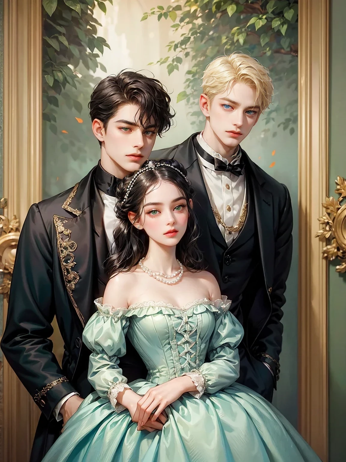 The boy has short blonde hair, sky blue eyes. No Asian somatic traits. He looks at the viewer. He wears a male Victorian era dress. Background inside of a hall