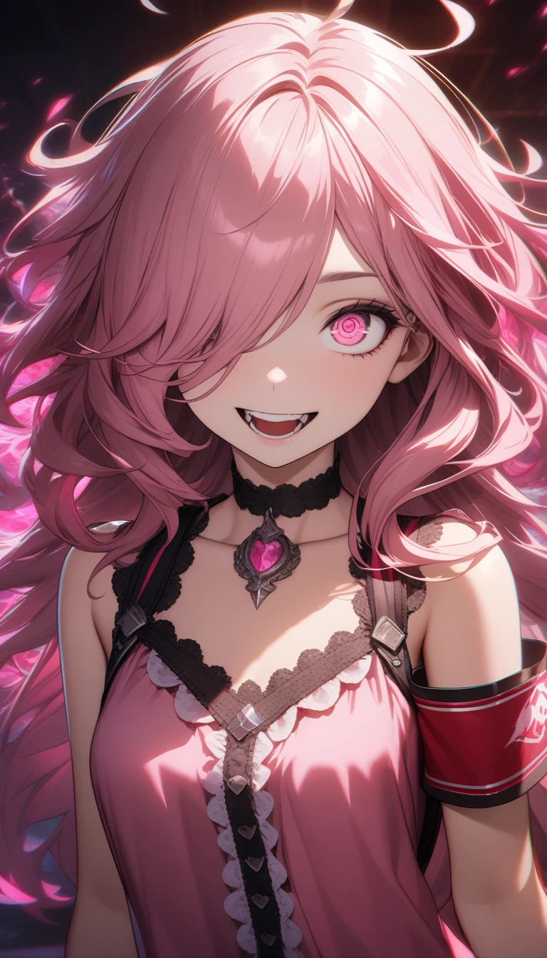 32k, best quality, ultra high res, HDR, UHD, extremely detailed CG, unity 32k wallpaper, highest quality, Intricate details, chromatic aberration, One girl, Long Hair, Pink Hair, Messy Hair, Pink highlights, Hair on one eye, Pink eyes, Sharp eyes, choker, Armband, Laugh eerily, Pink flames on hands, Pink clothes,