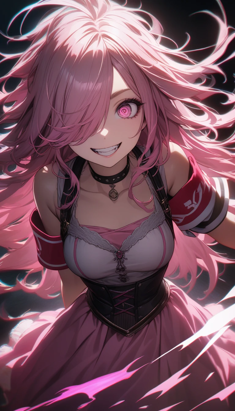 32k, best quality, ultra high res, HDR, UHD, extremely detailed CG, unity 32k wallpaper, highest quality, Intricate details, chromatic aberration, One girl, Long Hair, Pink Hair, Messy Hair, Pink highlights, Hair on one eye, Pink eyes, Sharp eyes, choker, Armband, Laugh eerily, Pink flames on hands, Pink clothes,