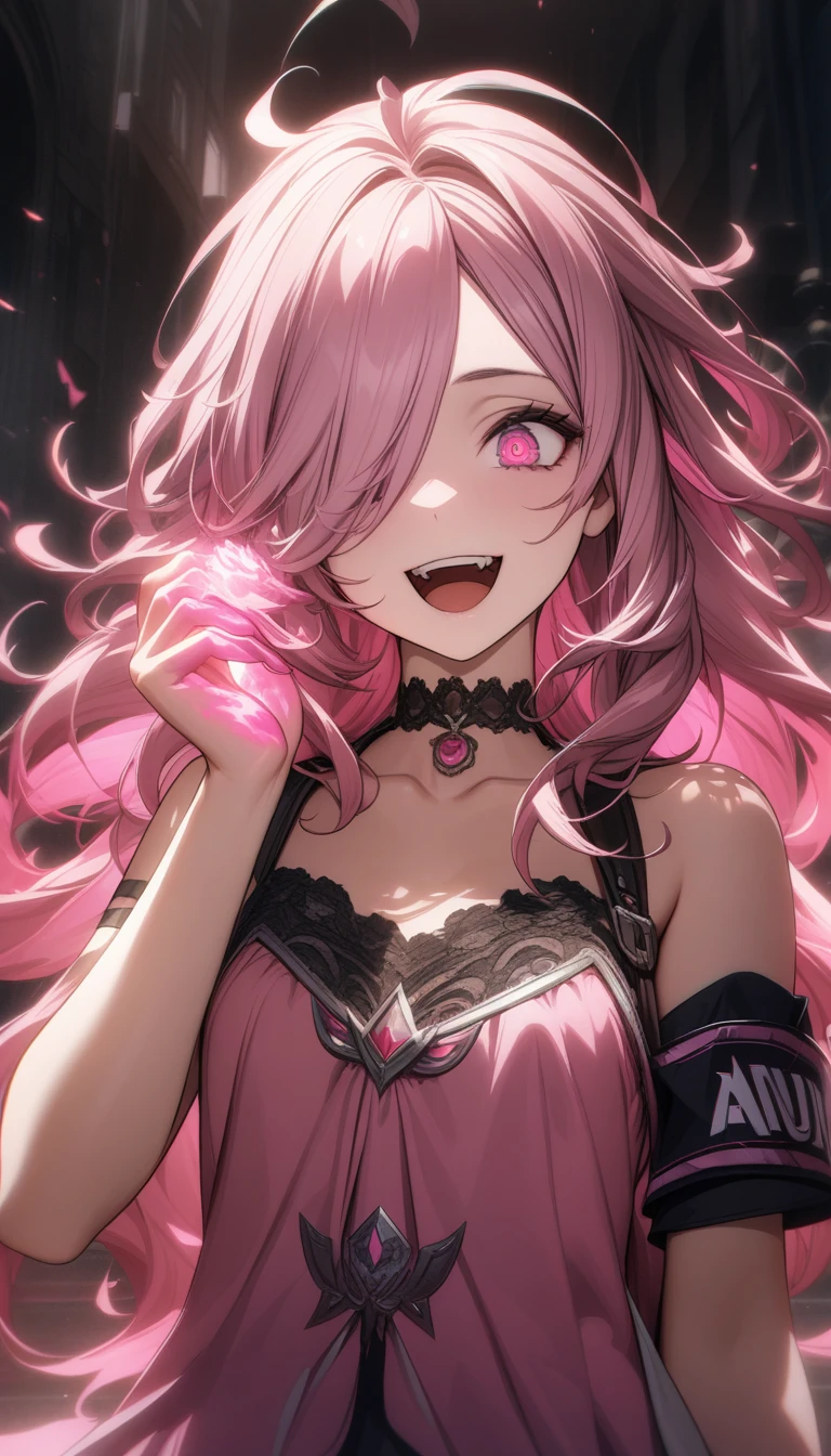 32k, best quality, ultra high res, HDR, UHD, extremely detailed CG, unity 32k wallpaper, highest quality, Intricate details, chromatic aberration, One girl, Long Hair, Pink Hair, Messy Hair, Pink highlights, Hair on one eye, Pink eyes, Sharp eyes, choker, Armband,   Laugh eerily, Pink flames on hands, Pink clothes, 