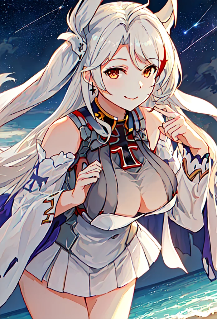 ((prince_EUGENE_azurlane:1.5)),((独奏, 1girl)) ((masterpiece,Highest quality,Highly detailed images,Beautiful images、Realistic、Dutch Angle)),（Top-down angle image）、 (Bright lighting overall、Backlight、A fantastic atmosphere、Thick Fog、Dust flutters),(Sexy pose、sideboob、huge breasts, Place your hands behind your back:1.5、Leaning forward、Charming smile), ((Mysterious night sky、shooting star、Stars Shining、Ocean))、Black sleeves、Emphasize the chest、Looking up、Hands behind the body、Leaning forwardに
