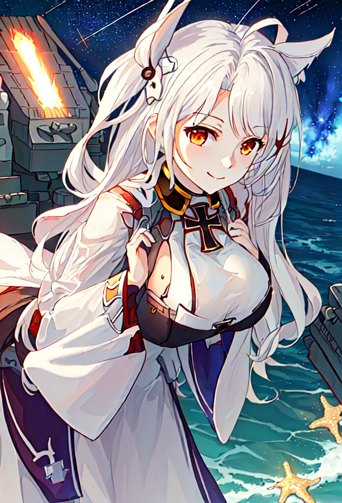 ((prince_EUGENE_azurlane:1.5)),((独奏, 1girl)) ((masterpiece,Highest quality,Highly detailed images,Beautiful images、Realistic、Dutch Angle)),（Top-down angle image）、 (Bright lighting overall、Backlight、A fantastic atmosphere、Thick Fog、Dust flutters),(Sexy pose、sideboob、huge breasts, Place your hands behind your back:1.5、Leaning forward、Charming smile), ((Mysterious night sky、shooting star、Stars Shining、Ocean))、Black sleeves、Emphasize the chest、Looking up、Hands behind the body、Leaning forwardに
