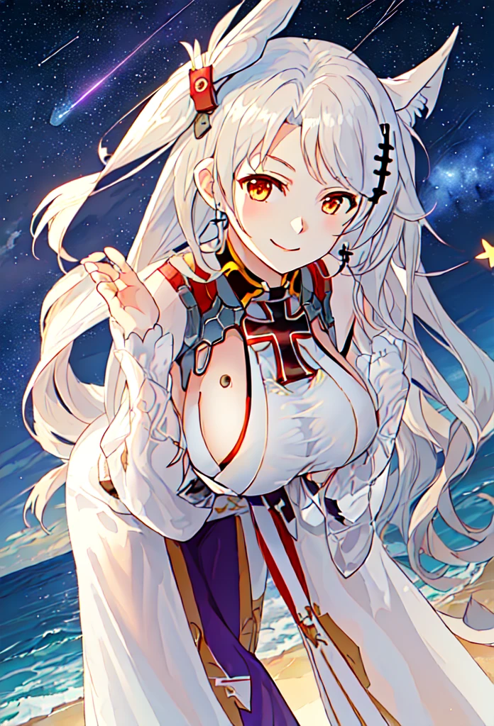 ((prince_EUGENE_azurlane:1.5)),((独奏, 1girl)) ((masterpiece,Highest quality,Highly detailed images,Beautiful images、Realistic、Dutch Angle)),（Top-down angle image）、 (Bright lighting overall、Backlight、A fantastic atmosphere、Thick Fog、Dust flutters),(Sexy pose、sideboob、huge breasts, Place your hands behind your back:1.5、Leaning forward、Charming smile), ((Mysterious night sky、shooting star、Stars Shining、Ocean))、Black sleeves、Emphasize the chest、Looking up、Hands behind the body、Leaning forwardに
