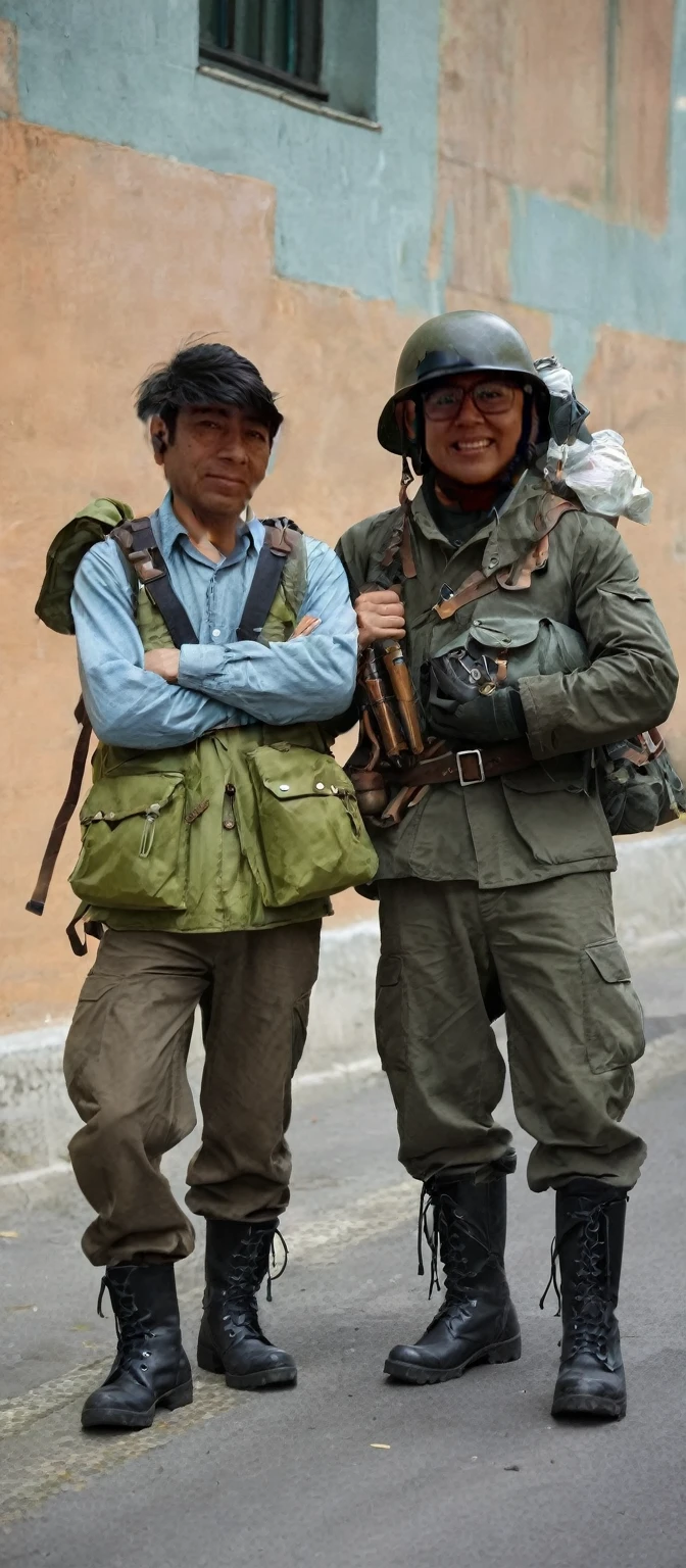 Man wearing steel pot and chinstrap, wear cotton and nylon jacket OG- 107 , OG-107 6-pocket pants, jacket with 4 pockets and button closure, He has black leather jungle boots, rubber sole and laces, The man carries and has Canteen Dressed with Belt, schoolbag, By the way, bayonet,Grenades,ammunition, rifle, dressed as a war soldier, of them intricate
