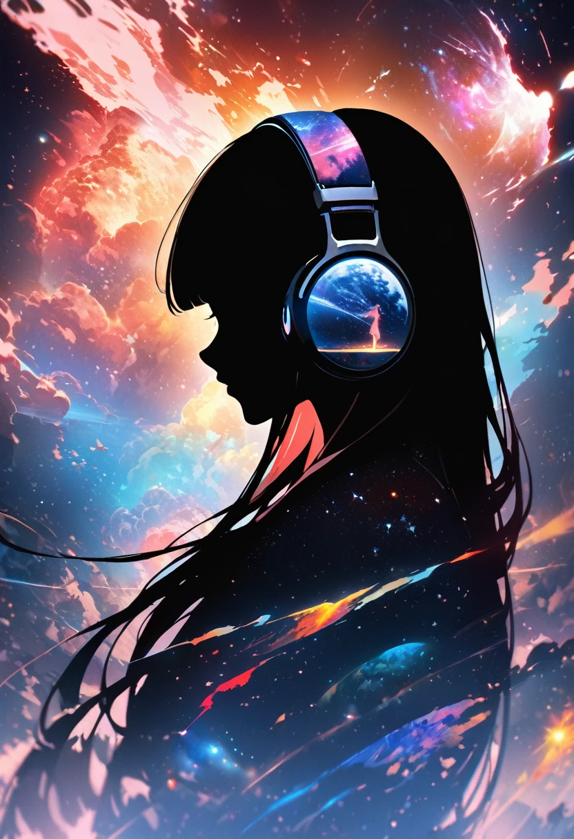 Profile of a woman silhouette.(Long Hair:1.3), Blunt bangs,  (Headphones:1.3), Inside the silhouette you can see the Double exposure with a universe, Deep Universe, Supernova explosion, masterpiece, ((Double exposure)), Proportional.,Double exposure

