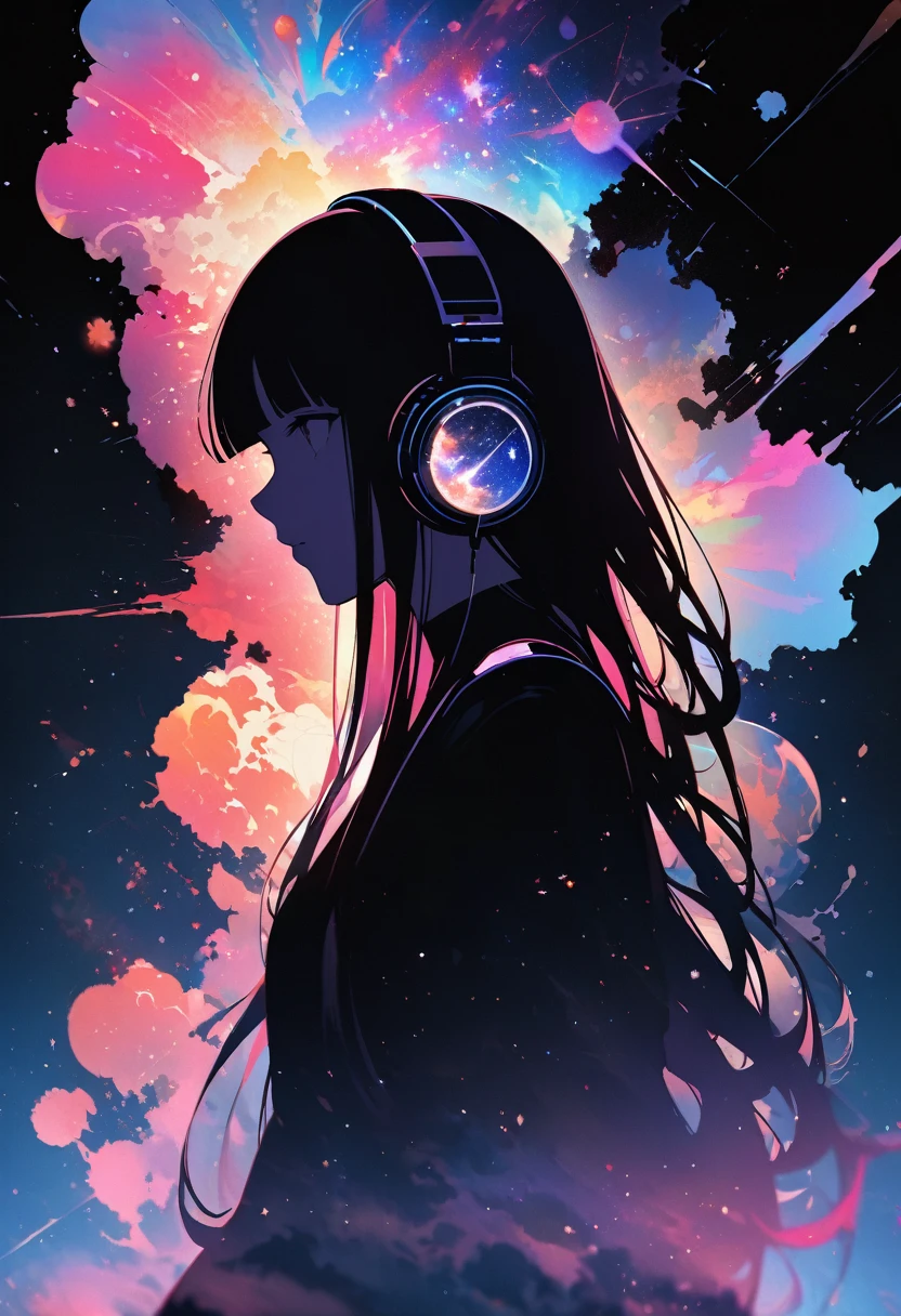 Profile of a woman silhouette.(Long Hair:1.3), Blunt bangs,  (Headphones:1.3), Inside the silhouette you can see the Double exposure with a universe, Deep Universe, Supernova explosion, masterpiece, ((Double exposure)), Proportional.,Double exposure

