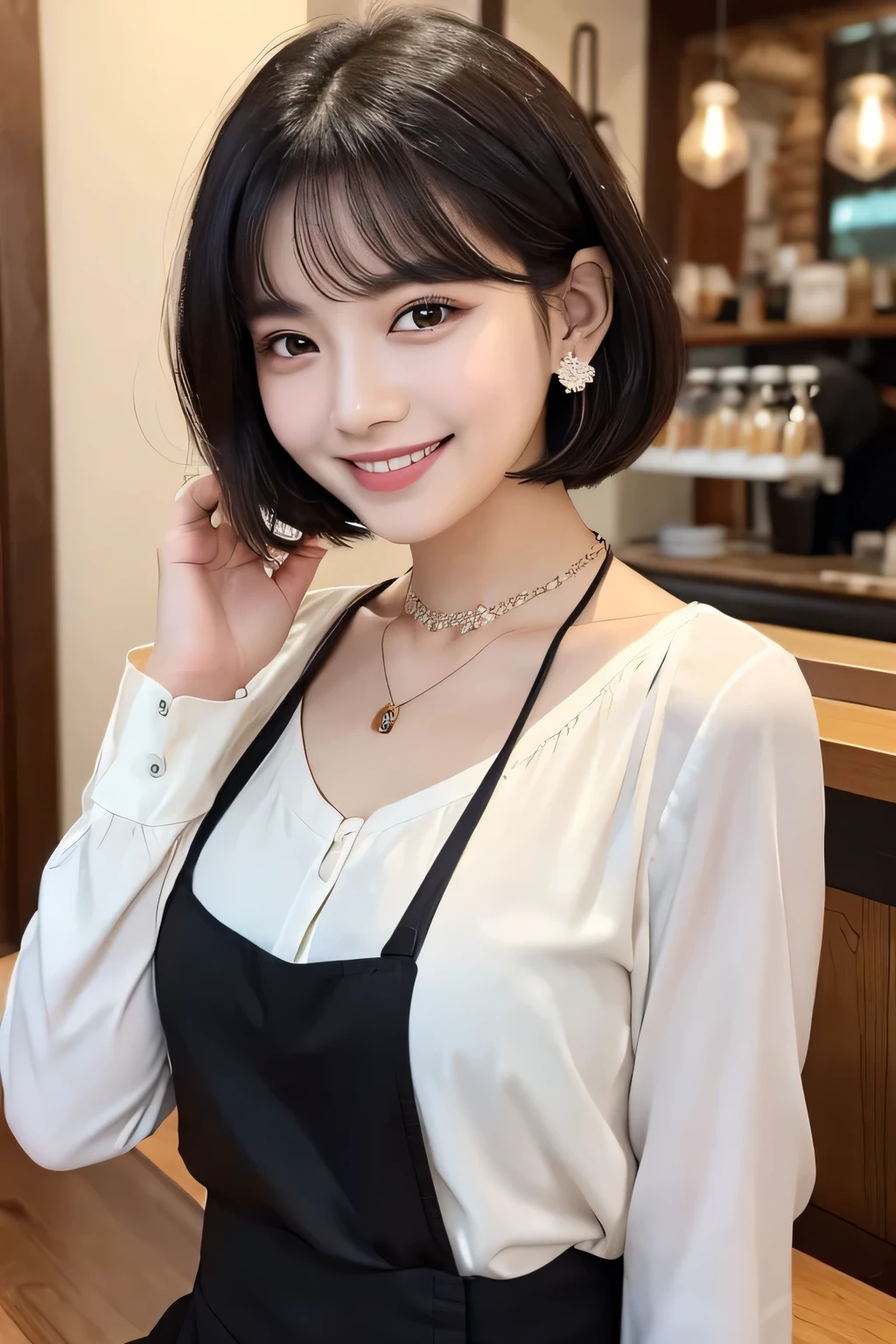 Black Hair、Clear beauty、Short Haircut、Wavy Hair、Long sleeve blouse、Ear piercing、Necklace around the neck、smile、Beautiful teeth alignment、Intricate details, Very detailed:1.2), 、 Looking into the camera、The background is a coffee shop