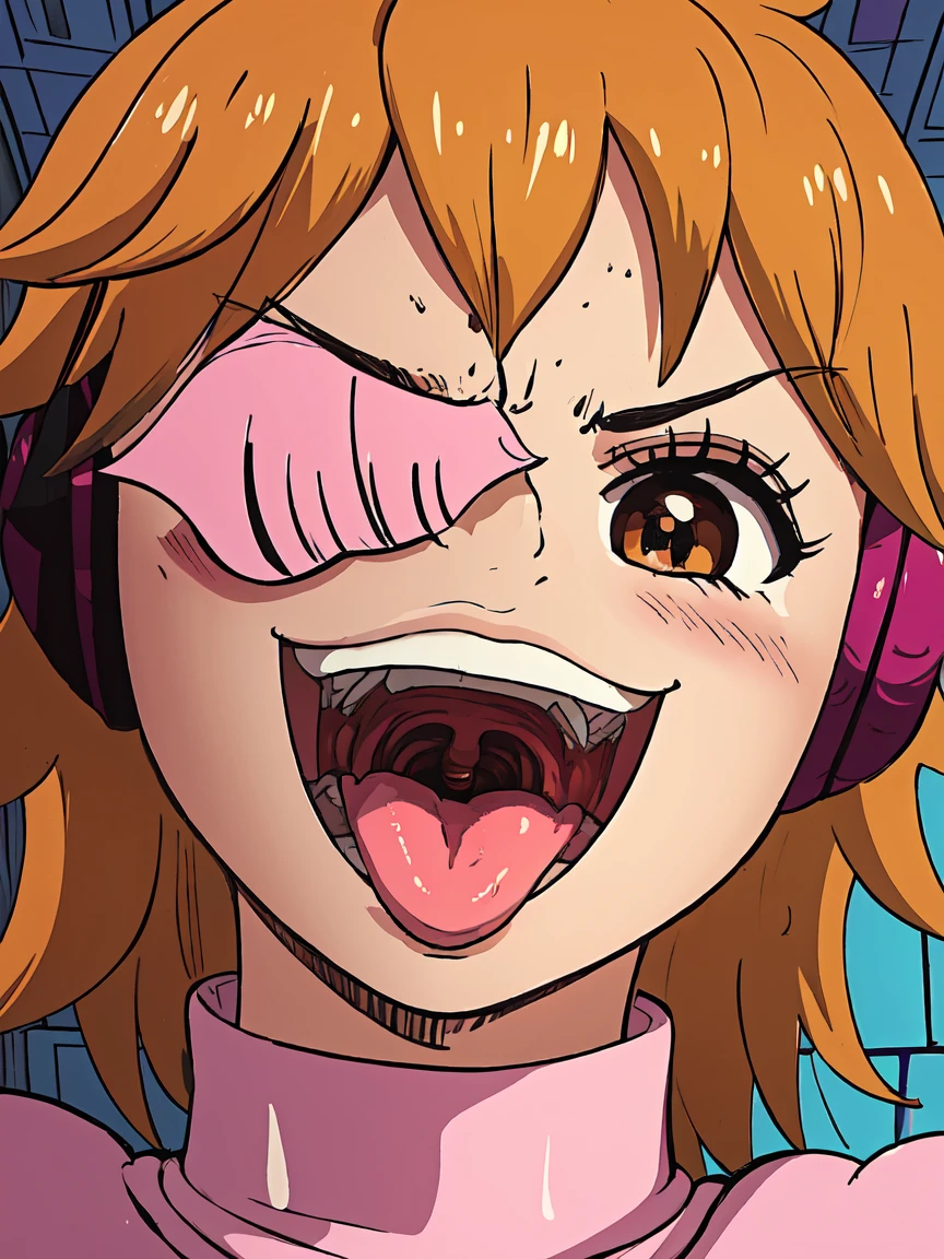 masterpiece, ((ultra detailed background, delicate pattern, intricate detail)), (highly detailed, fine details), best quality, beautiful lighting, ((medium breasts, slim girl)), 1girl, Lilith, ((mischievous smile)) ,(bangs covering one eye), ((light ginger hair)),headphones, (brown eyes), dark-purple jacket,(pink bodysuit, (close-up, portrait), blush, open mouth, big mouth, tongue, tongue out, close up, saliva, uvula, uvula, room, mouth focus, excessive saliva, hair one eye covered, room, indoors, angry
